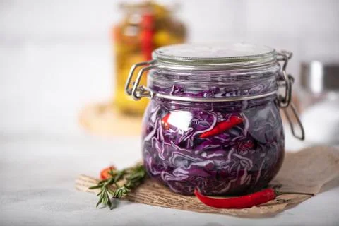 Fermented red cabbage with pepper, spices and seasonings Stock Photos