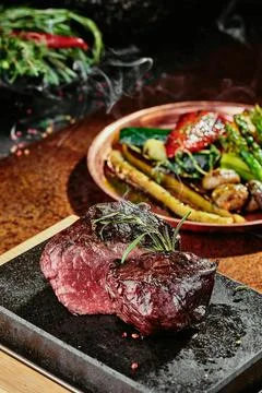 Fermented steak. Grilled steak medium with grilled vegetables on black plate on Stock Photos