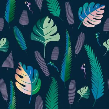 Fern and palm leaves pattern. Seamless background. Vector illust Stock Illustration