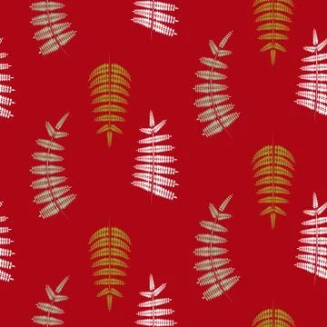 Fern green leaves seamless vector red pattern. Stock Illustration