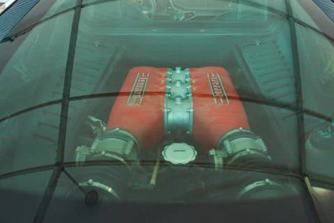 Ferrari 488. Engine window. Luxury sport car. Motor compartment. Stock Photos