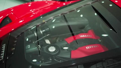 Ferrari car. The engine and the rear of the car. Details of car.  New. Stock Footage 244732463