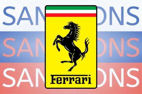 Ferrari logo in front of the sanction text on the Russian flag. Fresh sanctions Stock Illustration