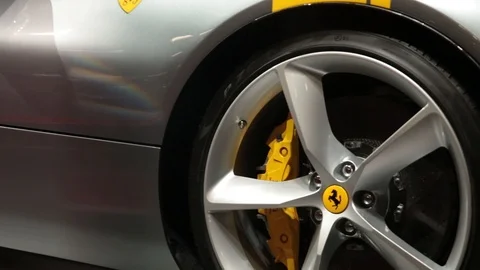 Ferrari rim and front lights at Paris Motor Show 2018 Stock Footage 96237968