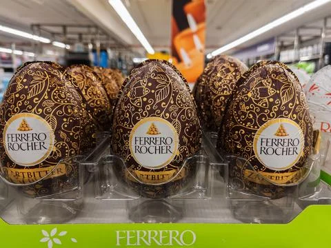 Ferrero Rocher Chocolate Easter Eggs in Supermarket Display Stock Photos