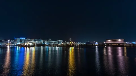 Ferries at Helsingborg Terminal Reflected at Night, Timelapse Stock Footage 342689343