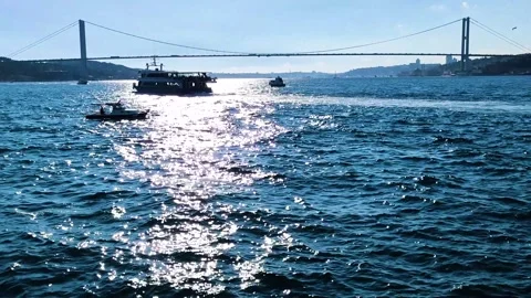 Ferries Sailing on Bosphorus Strait with Suspension Bridge Sunlight Reflection Stock Footage 344206468