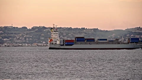 Ferries on the Strait of Messina in the light of sunset Stock Footage 233464064