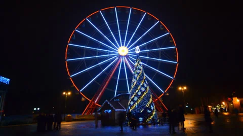 Ferris Wheel Amusement Park Time Lapse, Christmas, Kharkov, Ukraine Stock Footage 34335513