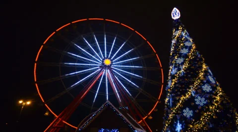 Ferris Wheel Amusement Park Time Lapse, Christmas, Kharkov, Ukraine Stock Footage 34335886