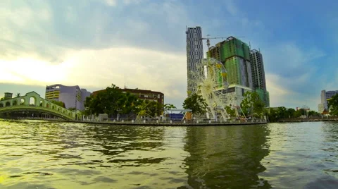 Ferris wheel and river in the evening, Melaka, Malaysia, June 2014. 4K resolutio Stock Footage 40269861