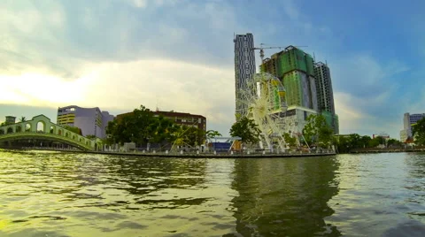 Ferris wheel and river in the evening, Melaka, Malaysia, June 2014. Stock Footage 40276348