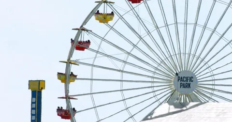 Ferris wheel and rollercoaster during heat wave in Santa Monica, California, 4K Stock Footage 75023563