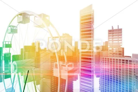 Ferris wheel with city in the background Stock Illustration