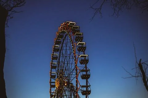 Ferris wheel glows at night. Stockfoto's