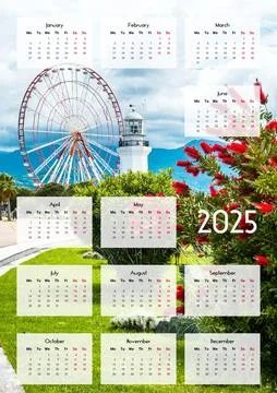 Ferris wheel, lighthouse and red flowers in the 2025 calendar Stock Illustration
