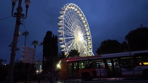 Ferris Wheel in the night panoramic wheel giant wheel in the Nice Stock Footage 87191063