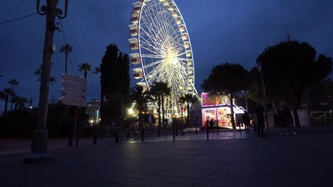Ferris Wheel in the night panoramic wheel giant wheel in the Nice Stock Footage 87191171
