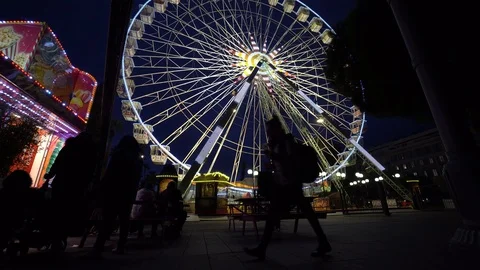 Ferris Wheel in the night panoramic wheel giant wheel in the Nice Stock Footage 87191194