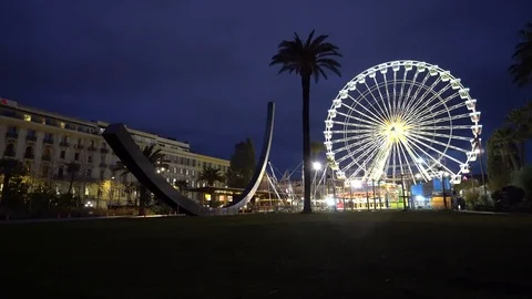 Ferris Wheel in the night panoramic wheel giant wheel in the Nice Stock Footage 87191229