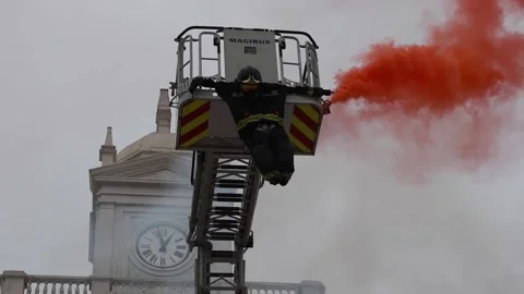 Ferrol firefighters protest outside City Hall after serious fire in Recimil, Fer Stock Footage 329317819