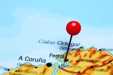 Ferrol pinned on a map of Spain Stock Photos