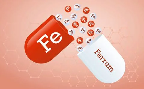 Ferrum, iron microelement. Capsule with Fe element icon. Healing minerals. .. Stock Photos