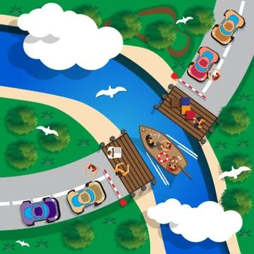 Ferry across the river. Stock Illustration