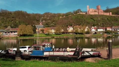 Ferry across the river in a small village Stock Footage 154338679