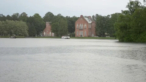 Ferry and gondola on the pond in Tsarskoye Selo. Russia Stock Footage 75428053