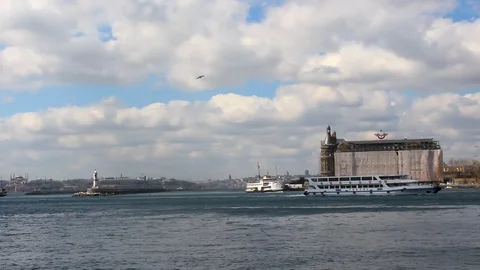Ferry approaching to a Pier on a Cloudy Day at Bosphorus Stock Footage 106121437