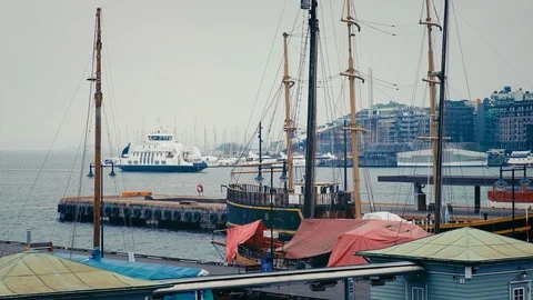Ferry is arriving in Oslo dock Stock Footage 124746706