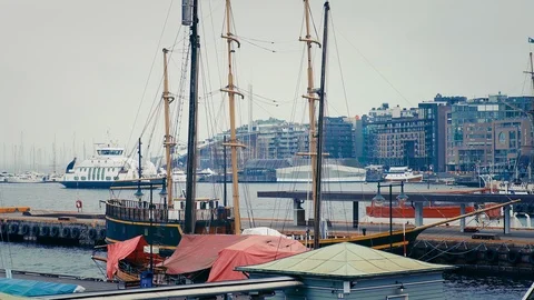 Ferry is arriving in Oslo dock Stock Footage 124747836