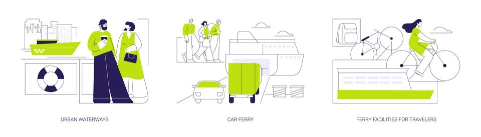 Ferry boat abstract concept vector illustrations. Illustrazione stock