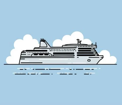 Ferry boat and clouds in linear stile Stock Illustration