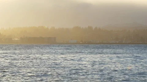 Ferry boat crossing frame in a medium shot during sunset Stock Footage 102878361