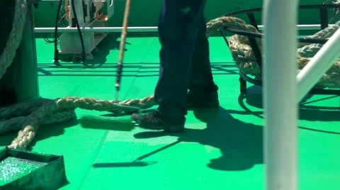 Ferry Boat Deck Being Painted Bright Green. Stock Footage 65321996