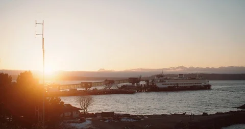 Ferry Boat Docked in Edmonds WA with Olympic Mountains in view Stock Footage 102466411