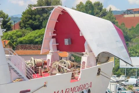 Ferry boat Marmorica in Portoferraio harbour on Elba Island, Tuscany, Italy Stock Photos
