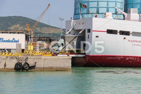 Ferry boat Marmorica unload a vehicle in Piombino, Italy Stock Photos