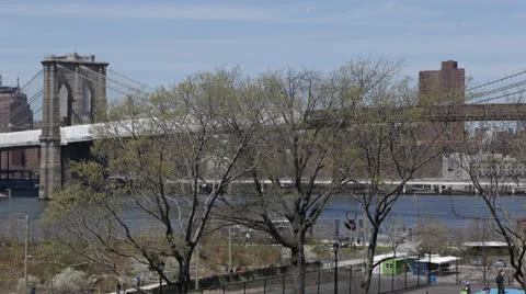 Ferry Boat Passing, Brooklyn Bridge, New York City, Freedom Tower, Skyline Stock Footage 24811280