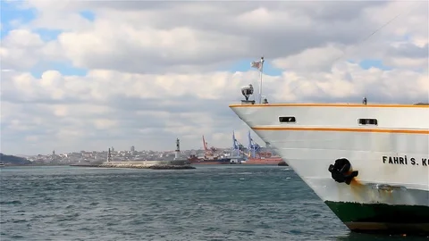 Ferry at Bosphorus Sea waiting on a Cloudy Day Stock Footage 106118265