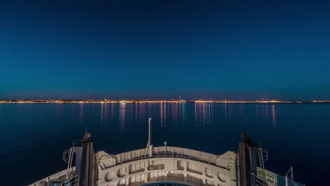 Ferry Bow POV Approaching Helsingborg Harbor at Night Stock Footage 341764013