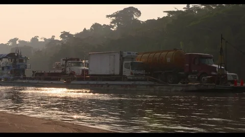 Ferry - Cargo Ship - Barge with trucks on the Amazon - 2 Stock-Footage 72724778