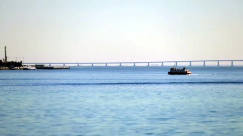 Ferry Crosses the Bay to the background Bridge Stock Footage 41223112