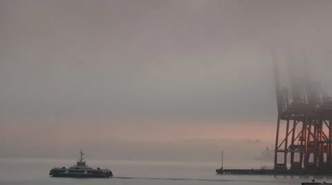 Ferry Crossing In Foreground Of Mystical Container Yard Cranes Stock Footage 19096691