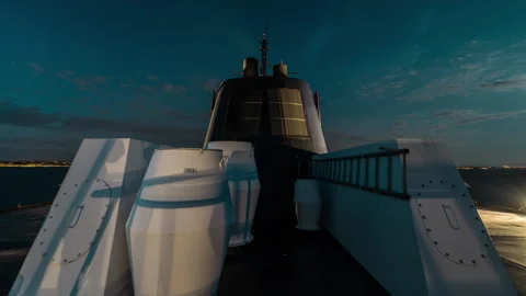 Ferry Deck Approaching City Harbor at Night, Timelapse Stock Footage 342437839