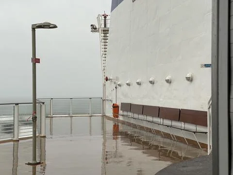Ferry deck wet from rain during Nort Sea sail Stock Photos