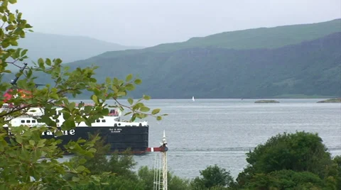 Ferry disappears behind tree branches as it sail on loch Stock Footage 39815867