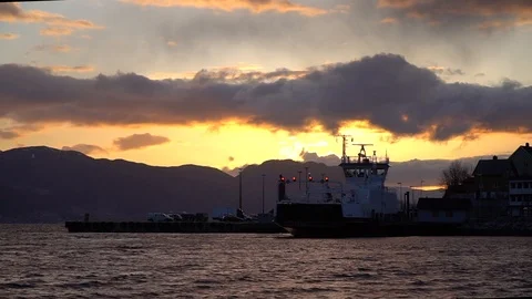 A ferry docked in the fjords Stock Footage 124270641